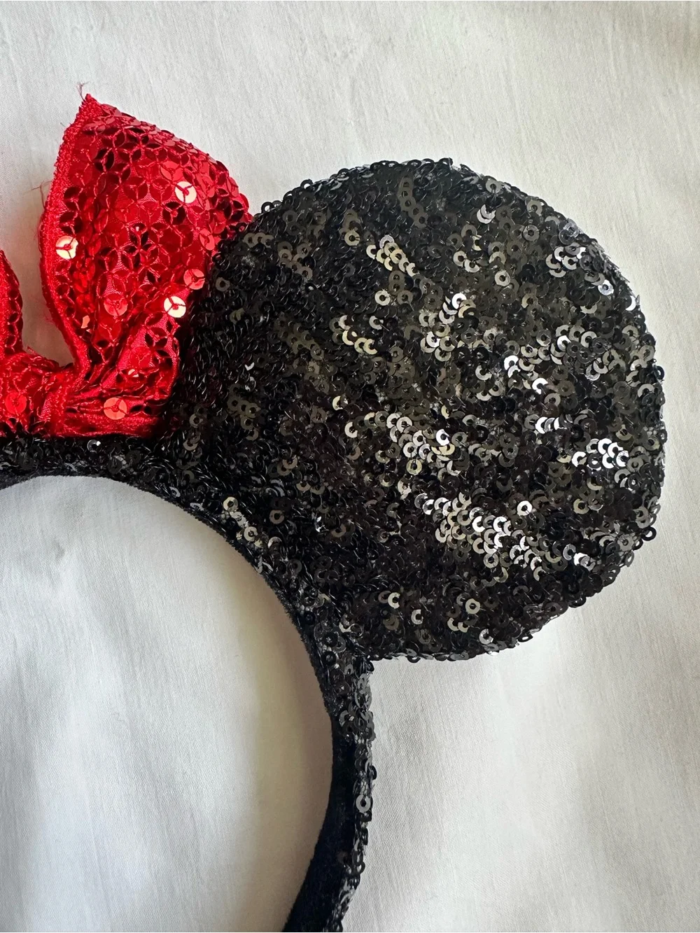 Official Disney Parks Sequin Minnie Ears Headband with Red Bow- Black & Red